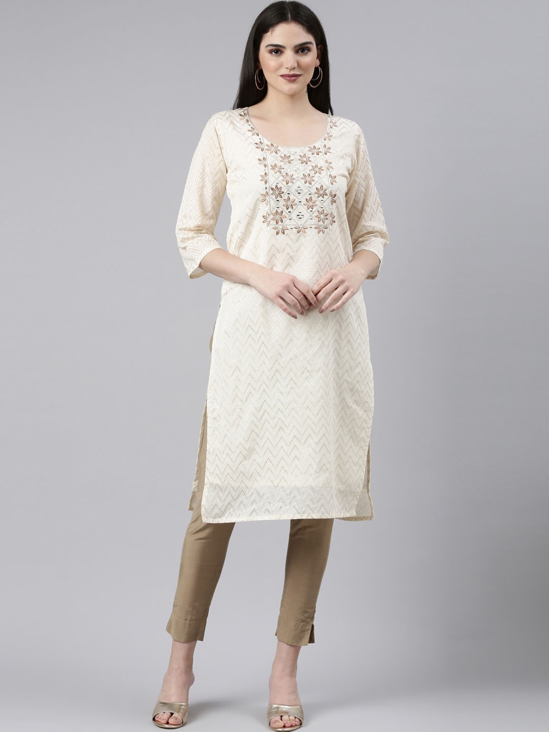 

GOLDSTROMS Floral Embroidered Mirror Work Straight Kurta, Off white