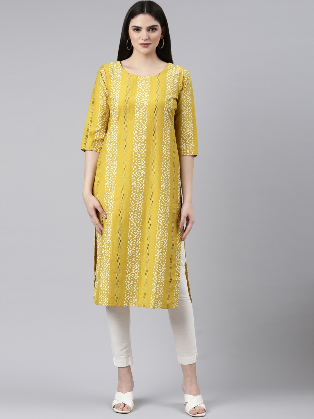 

GOLDSTROMS Ethnic Motifs Printed Straight Kurta, Yellow