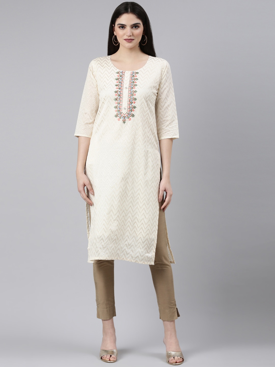 

GOLDSTROMS Floral Embroidered Khadi Kurta, Off white