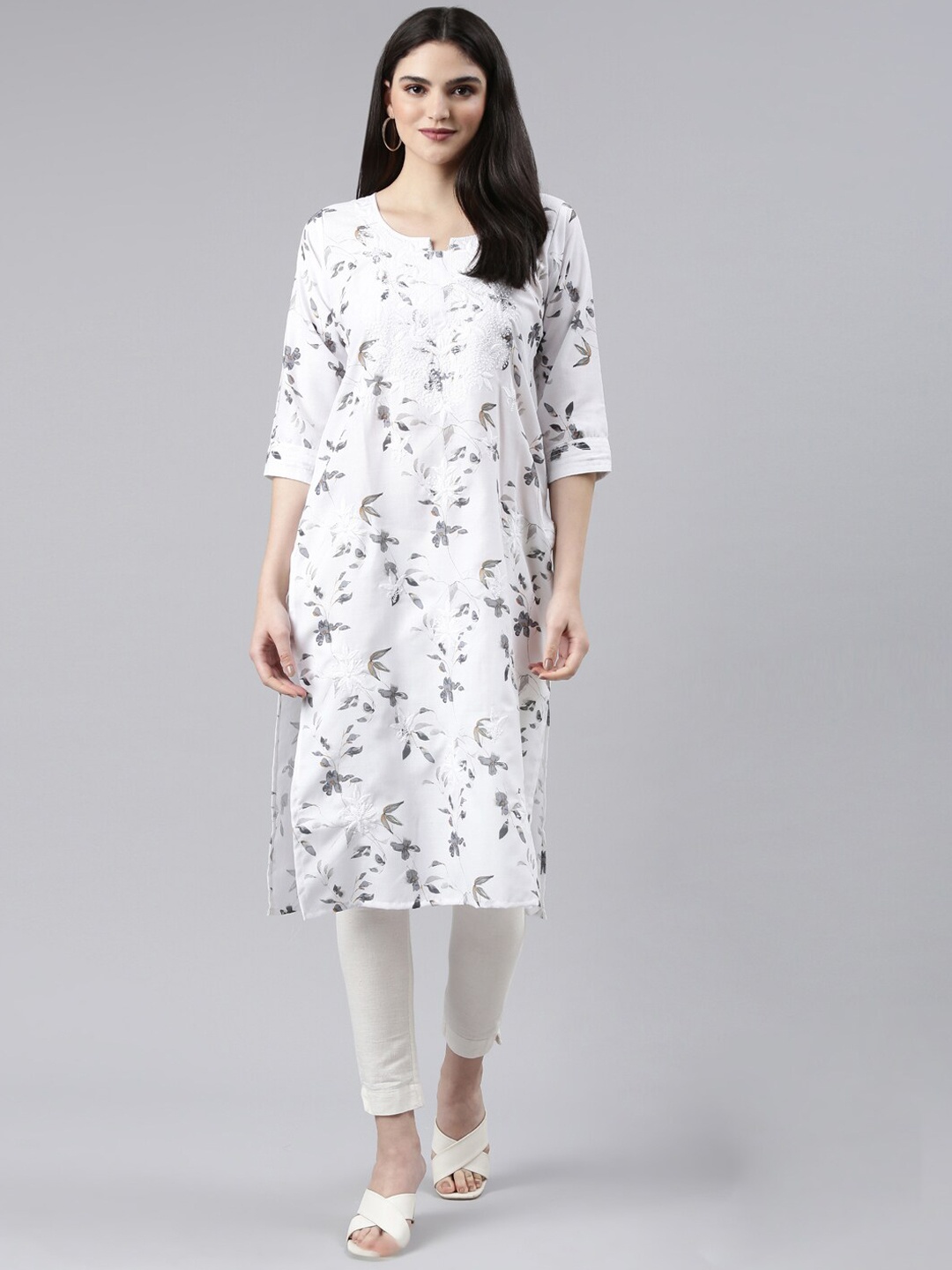 

GOLDSTROMS Floral Printed Thread Work Linen Cotton Kurta, White