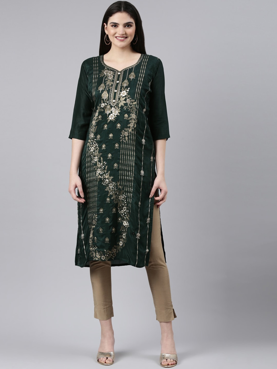 

GOLDSTROMS Ethnic Motif Woven Design Pure Silk Kurta, Green