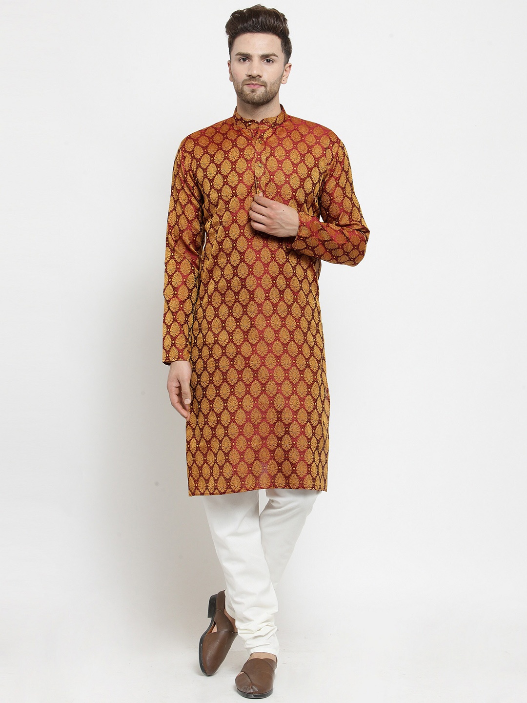 

Jompers Mandarin Collar Woven Design Kurta with Churidar, Maroon