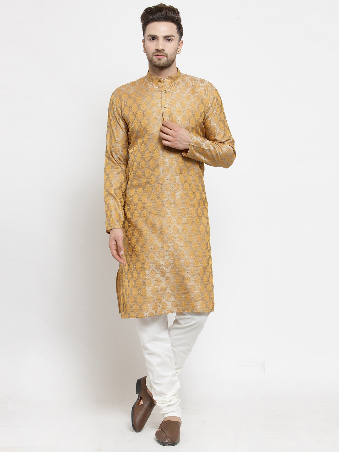 

Jompers Mandarin Collar Woven Design Kurta with Churidar, Mustard