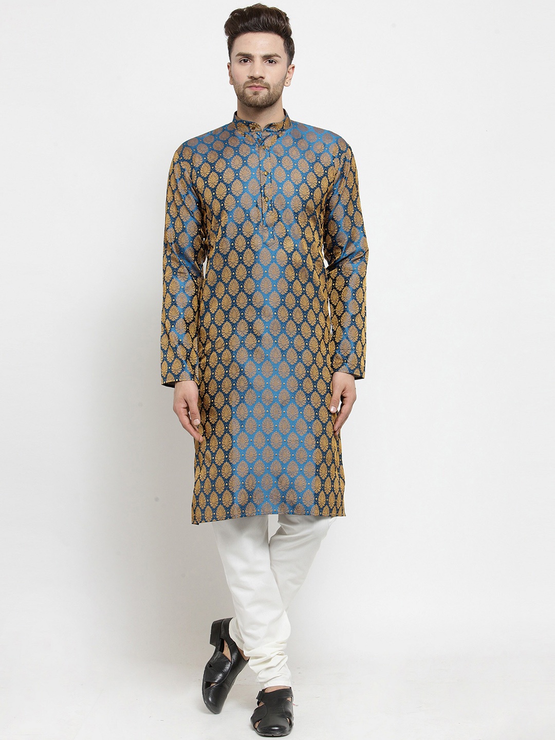 

Jompers Ethnic Motifs Woven Design Band Collar Kurta with Churidar, Navy blue