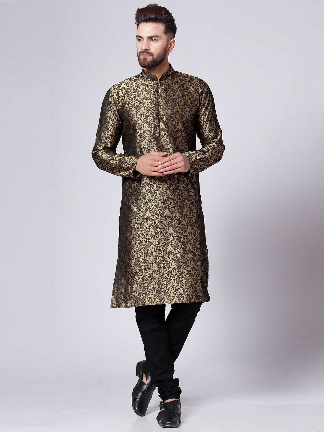 

Jompers Ethnic Motifs Woven Design Mandarin Collar Kurta with Churidar, Gold