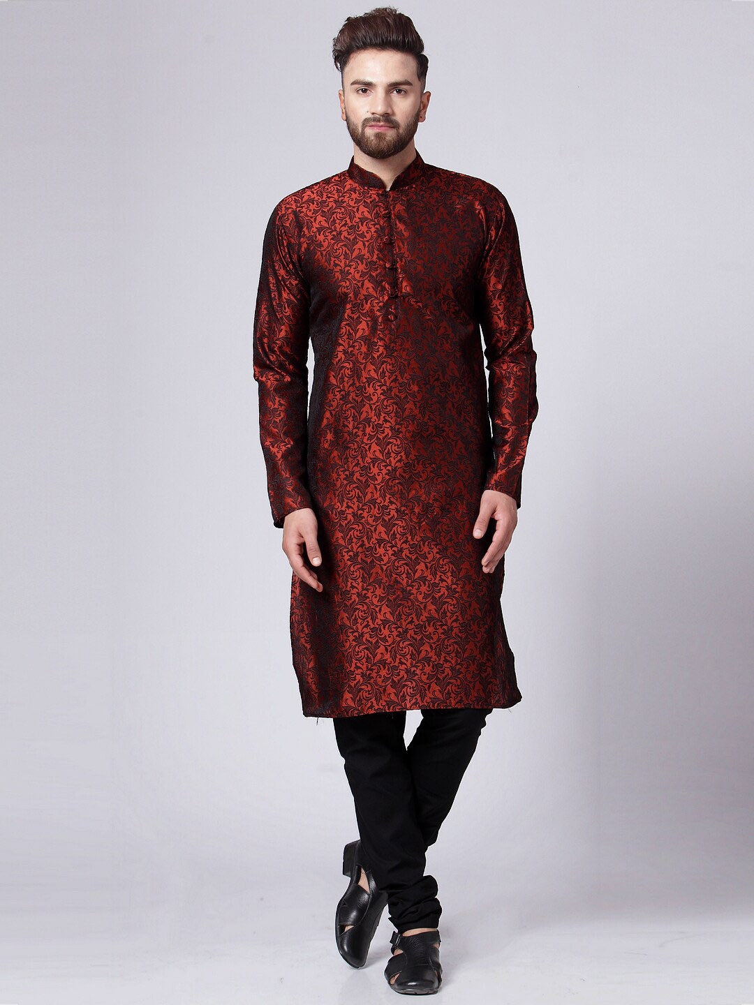 

Jompers Ethnic Motifs Woven Design Mandarin Collar Kurta with Churidar, Maroon