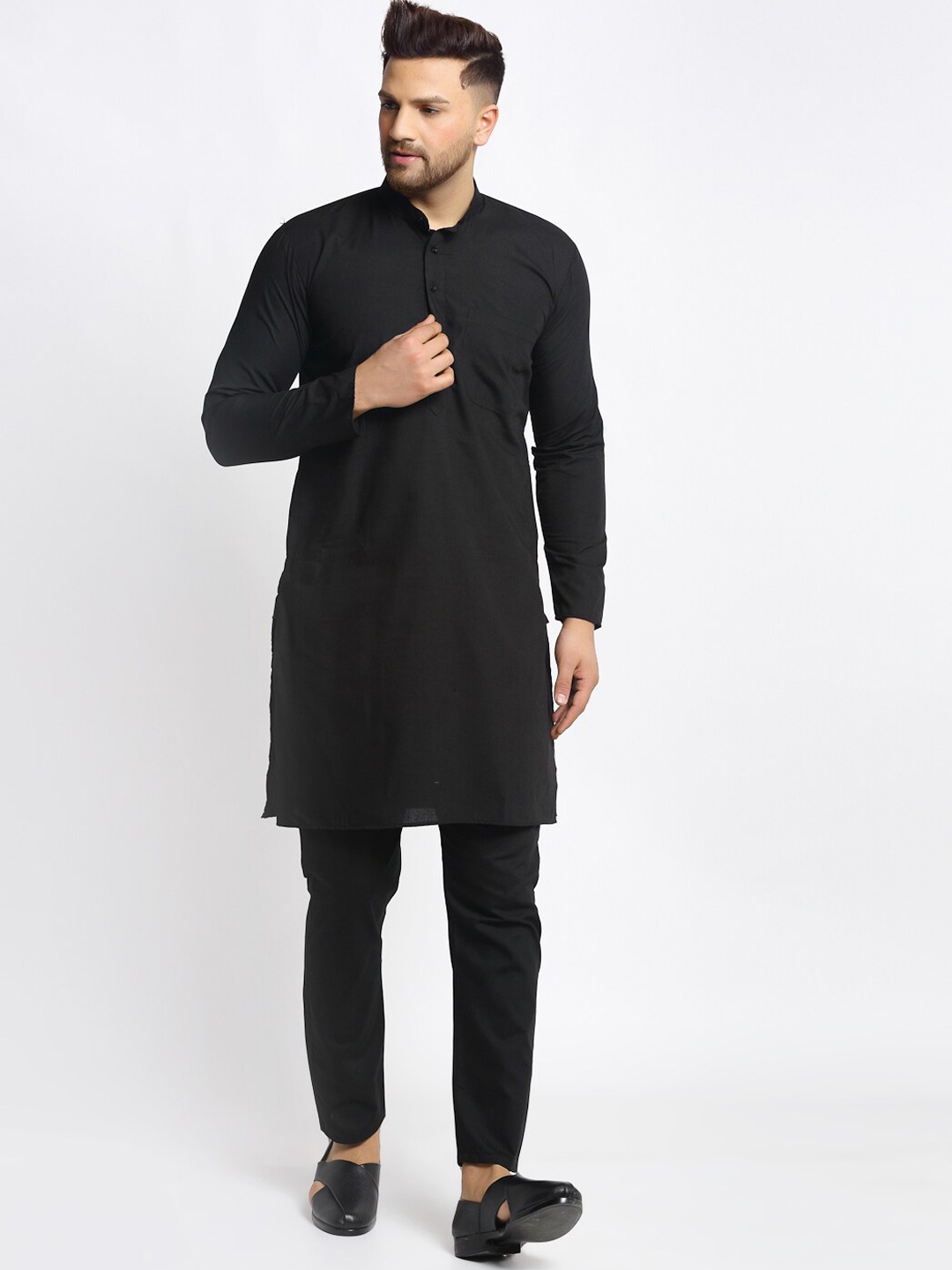 

Jompers Mandarin Collar Pure Cotton Kurta with Pyjamas, Black