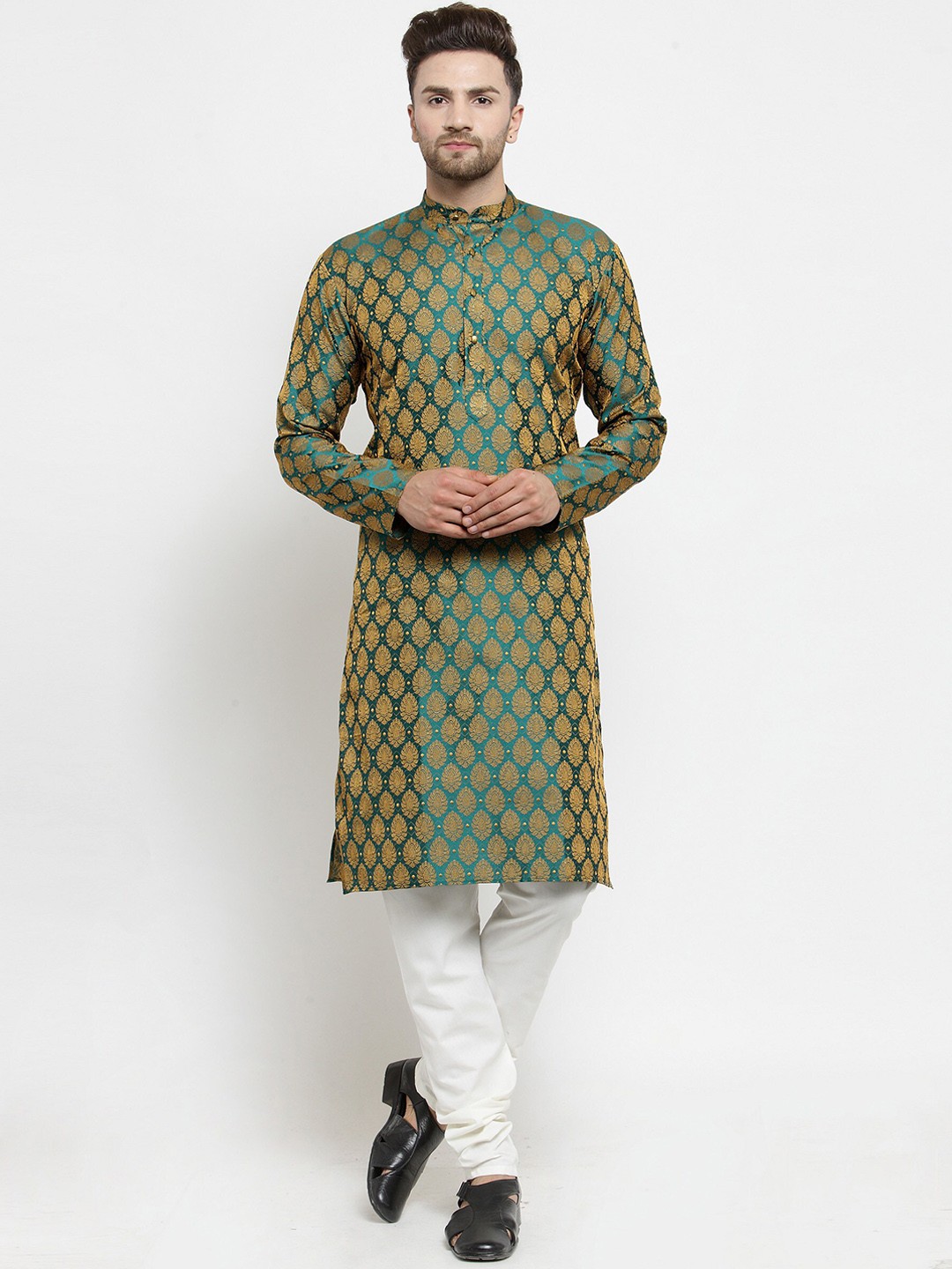 

Jompers Mandarin Collar Woven Design Kurta with Churidar, Green