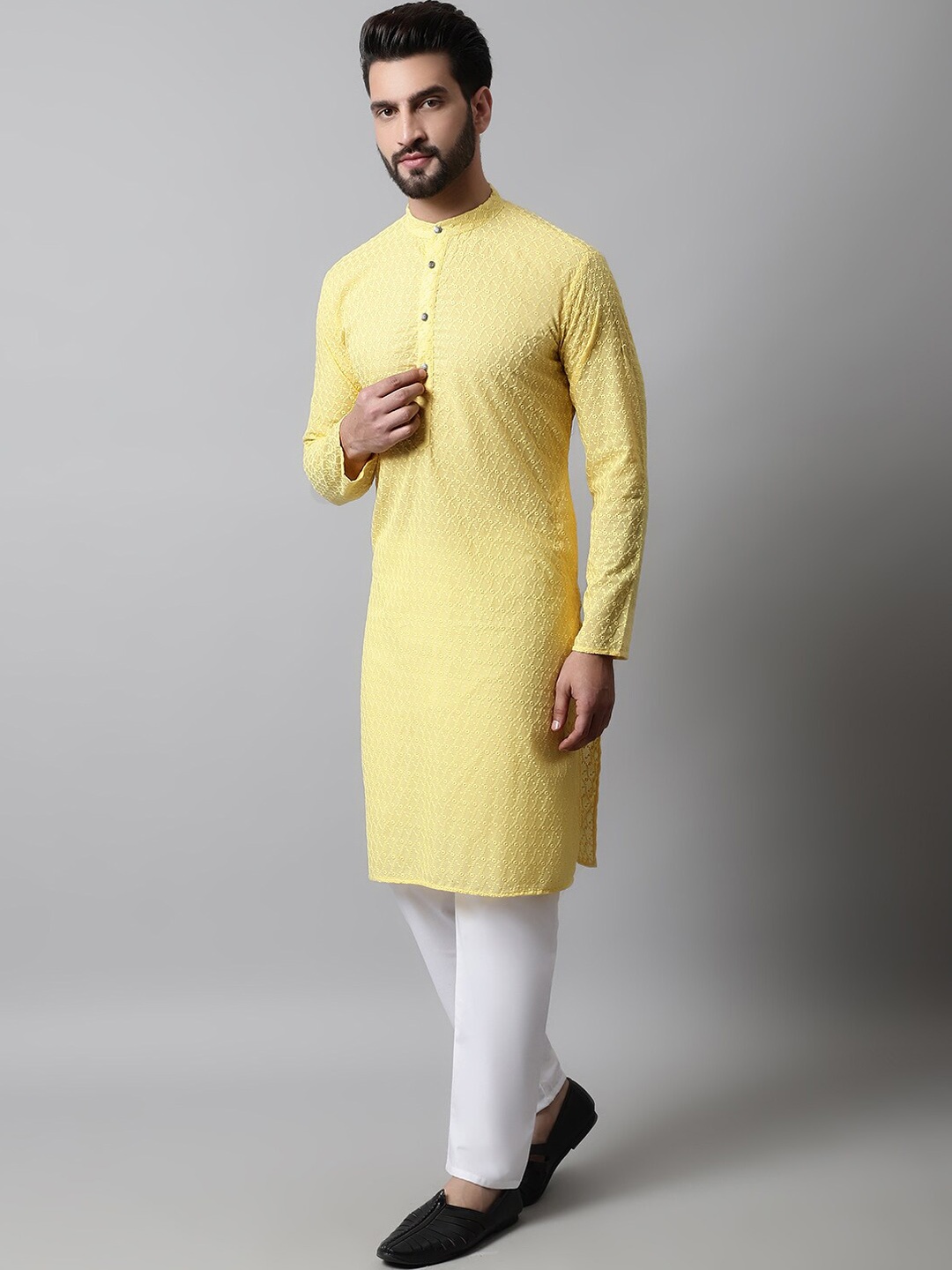 

Jompers Ethnic Motifs Embroidered Regular Chikankari Pure Cotton Kurta with Churidar, Yellow