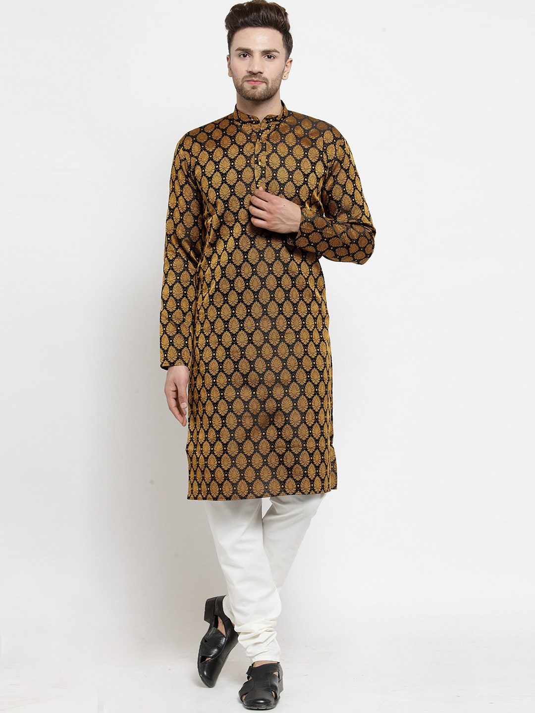 

Jompers Mandarin Collar Woven Design Kurta with Churidar, Black