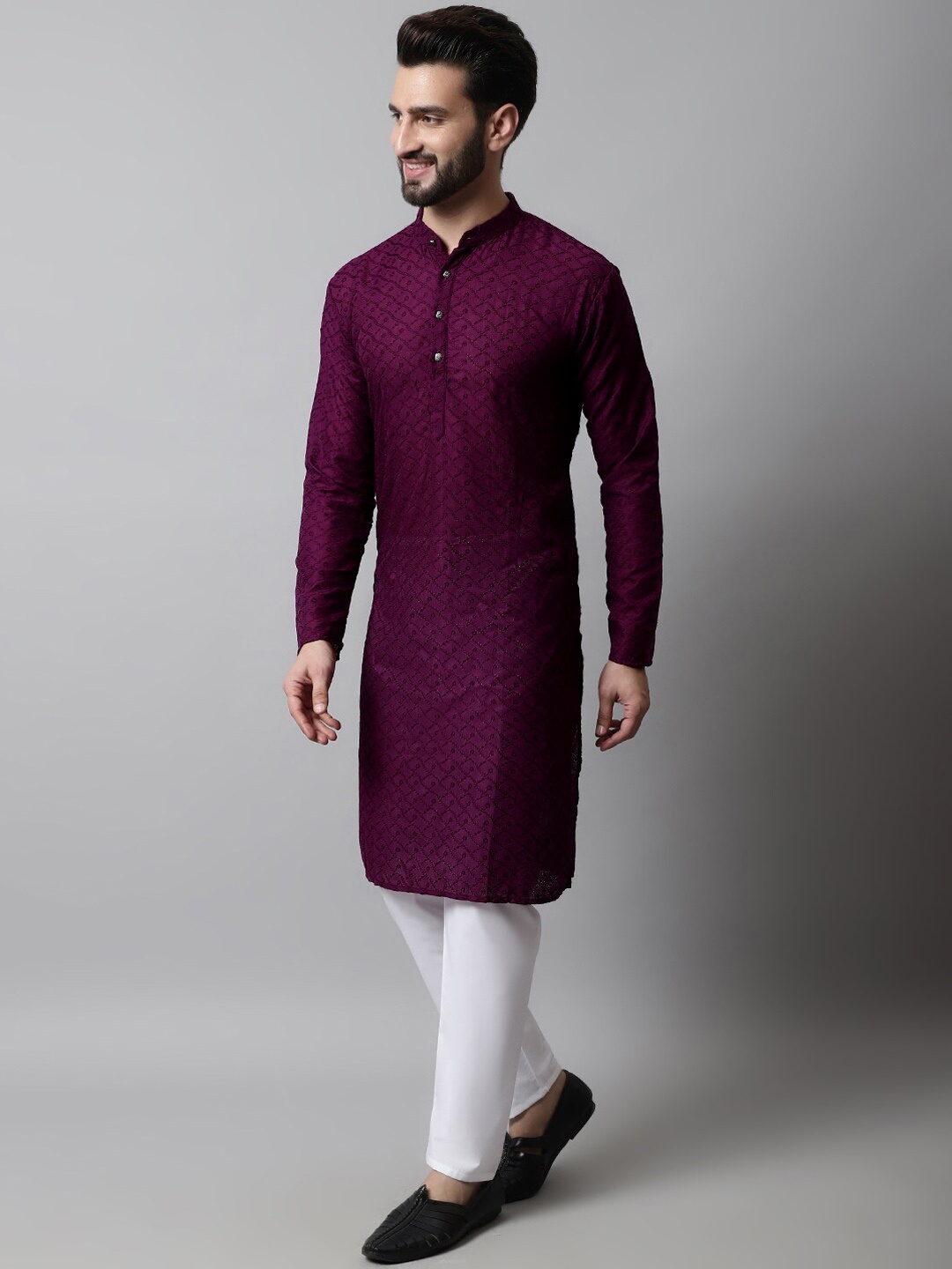 

Jompers Ethnic Motifs Embroidered Regular Chikankari Pure Cotton Kurta with Churidar, Purple