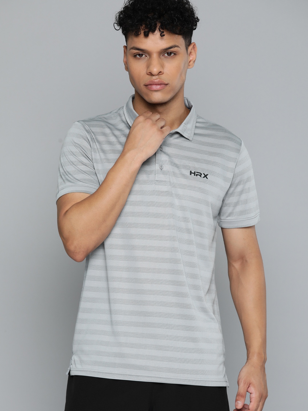 

HRX by Hrithik Roshan Men Striped Polo Collar Rapid-Dry Sports T-shirt, Grey