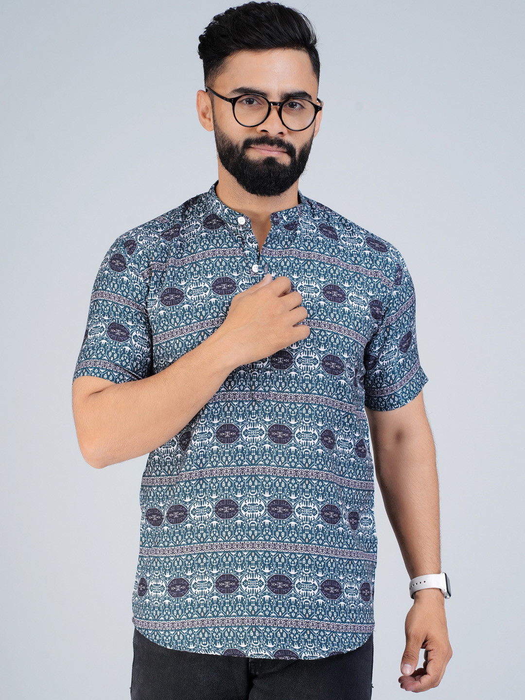 

Elepants Ethnic Motifs Printed Band Collar Half Placket Casual Shirt, Navy blue