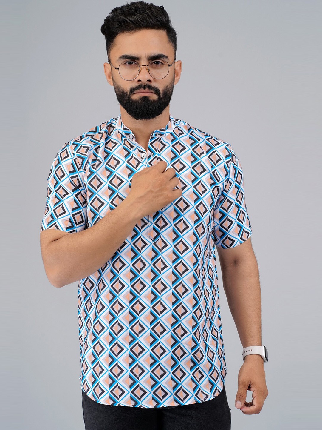 

Elepants Mandarin Collar Geometric Printed Kurta, White