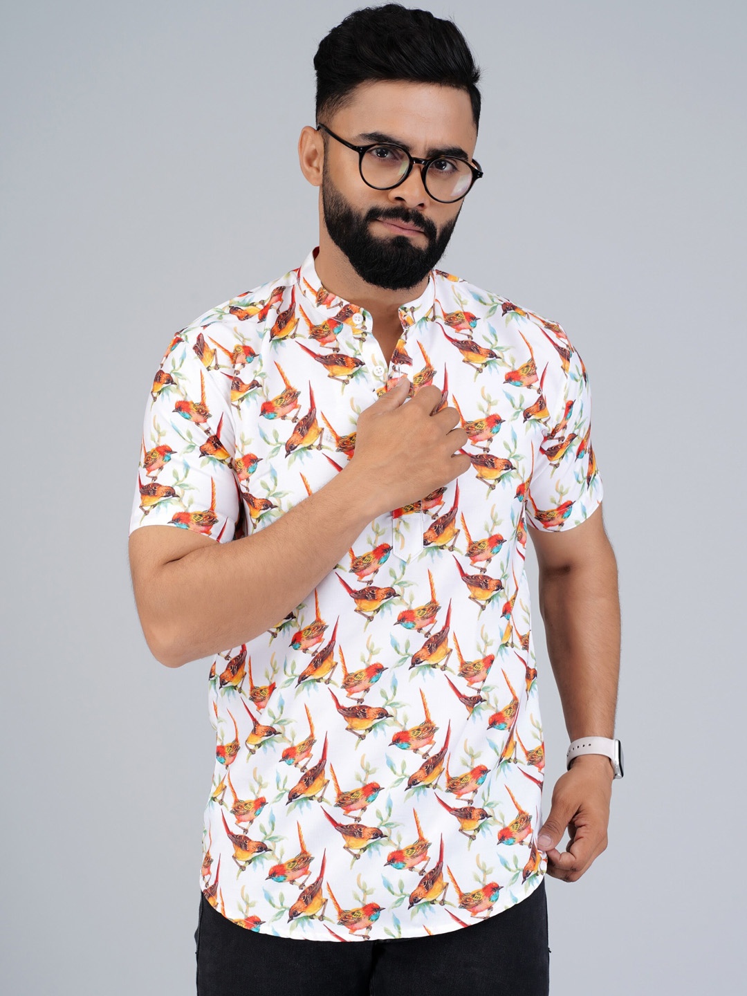 

Elepants Conversational Printed Band Collar Half Placket Casual Shirt, White