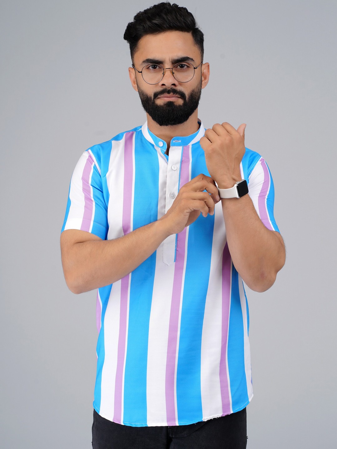 

Elepants Vertical Striped Band Collar Half Placket Casual Shirt, White