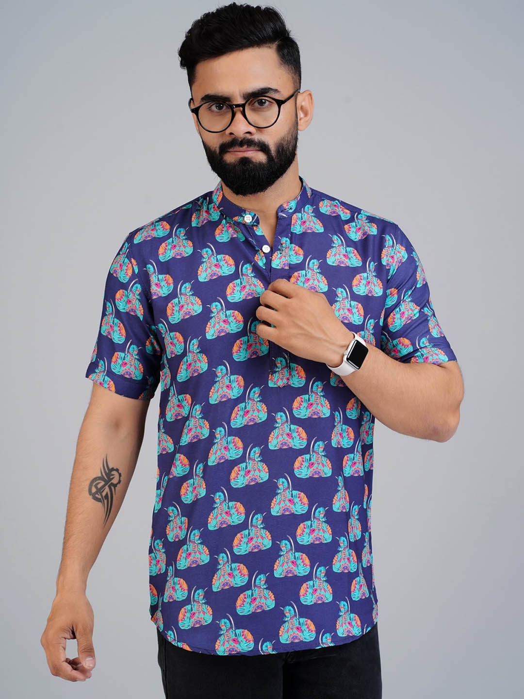 

Elepants Mandarin Collar Ethnic Motifs Printed Kurta, Blue