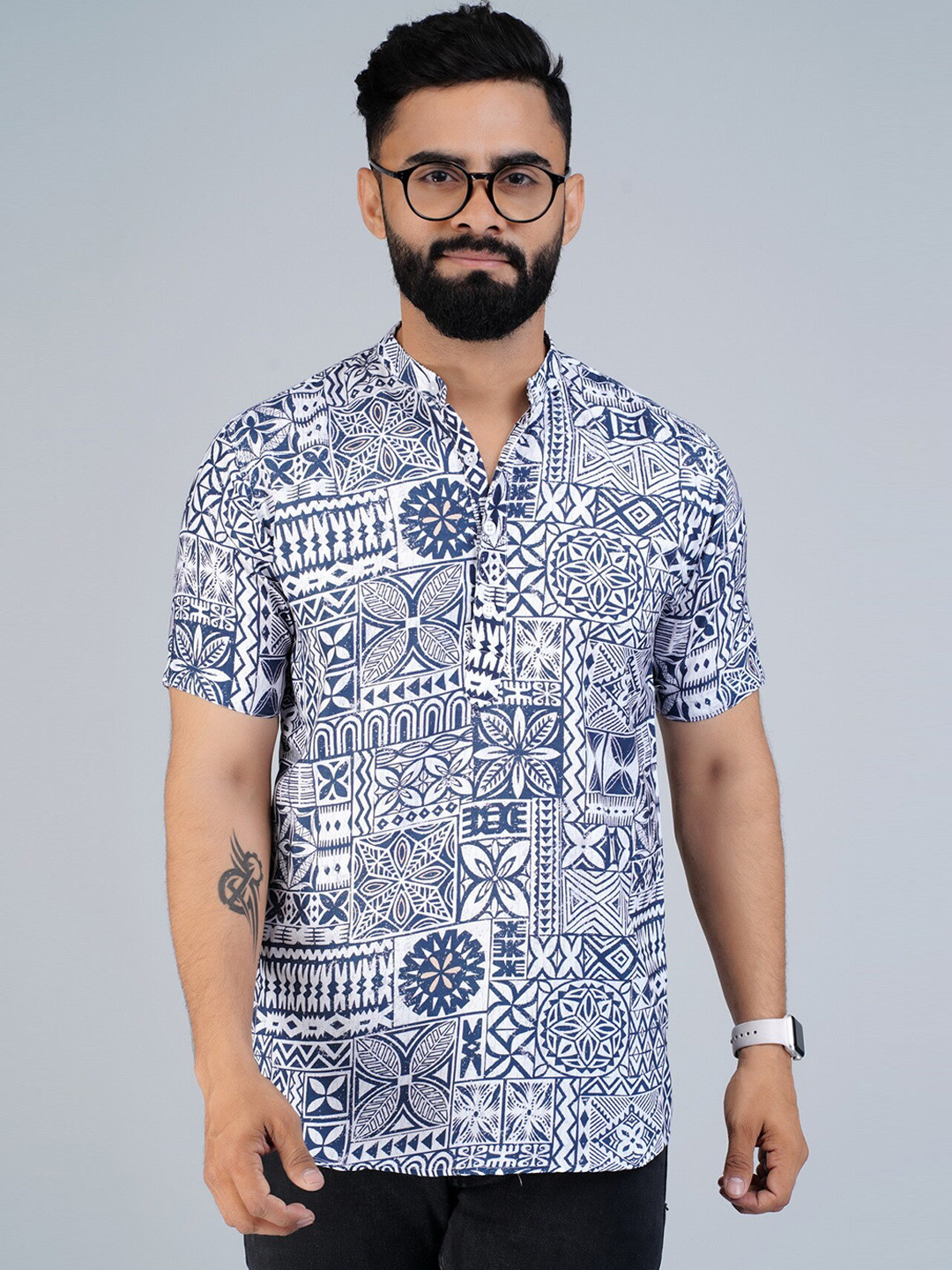 

Elepants Mandarin Collar Ethnic Motifs Printed Kurta, White