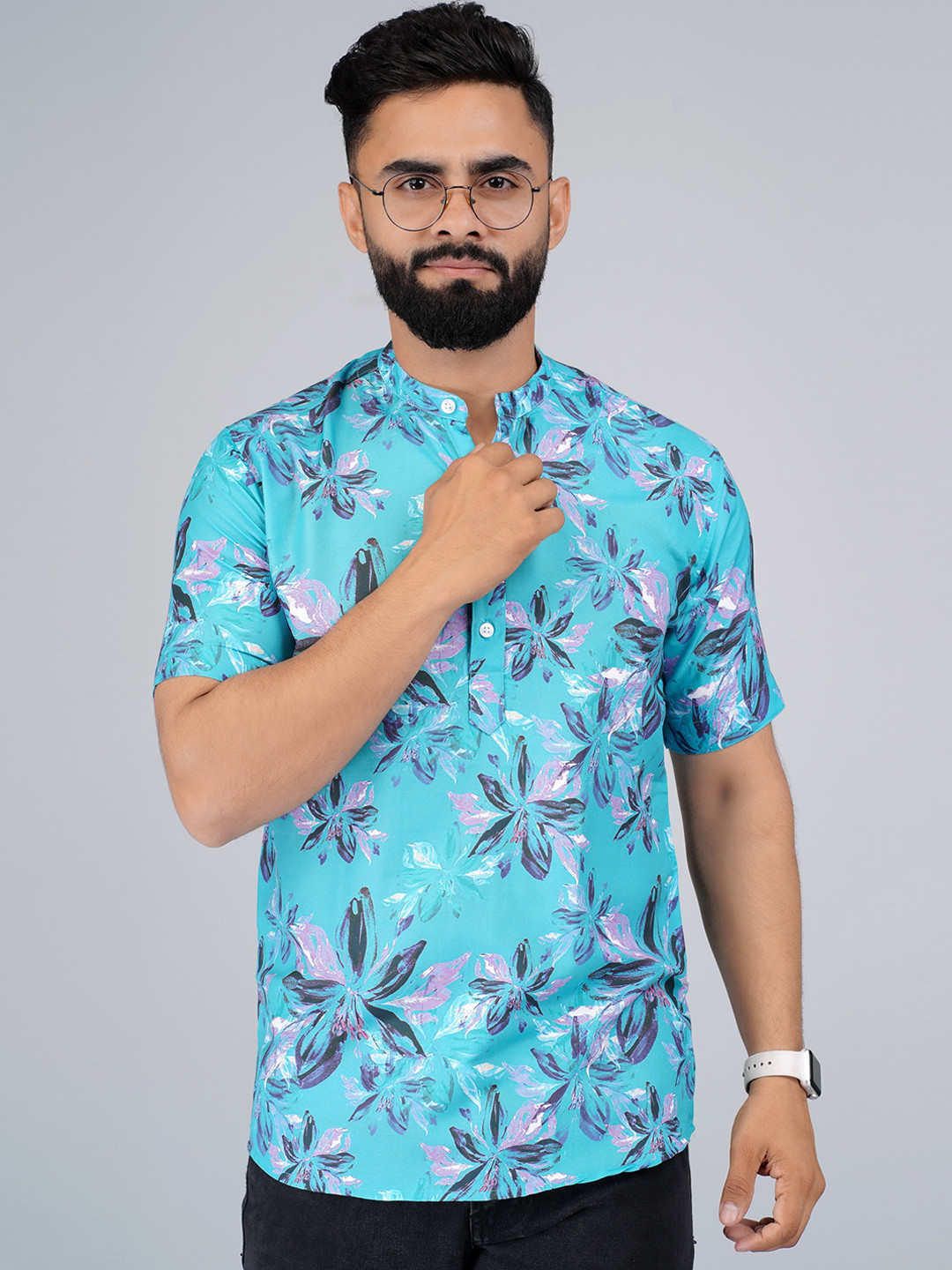 

Elepants Floral Printed Band Collar Short Kurta, Turquoise blue