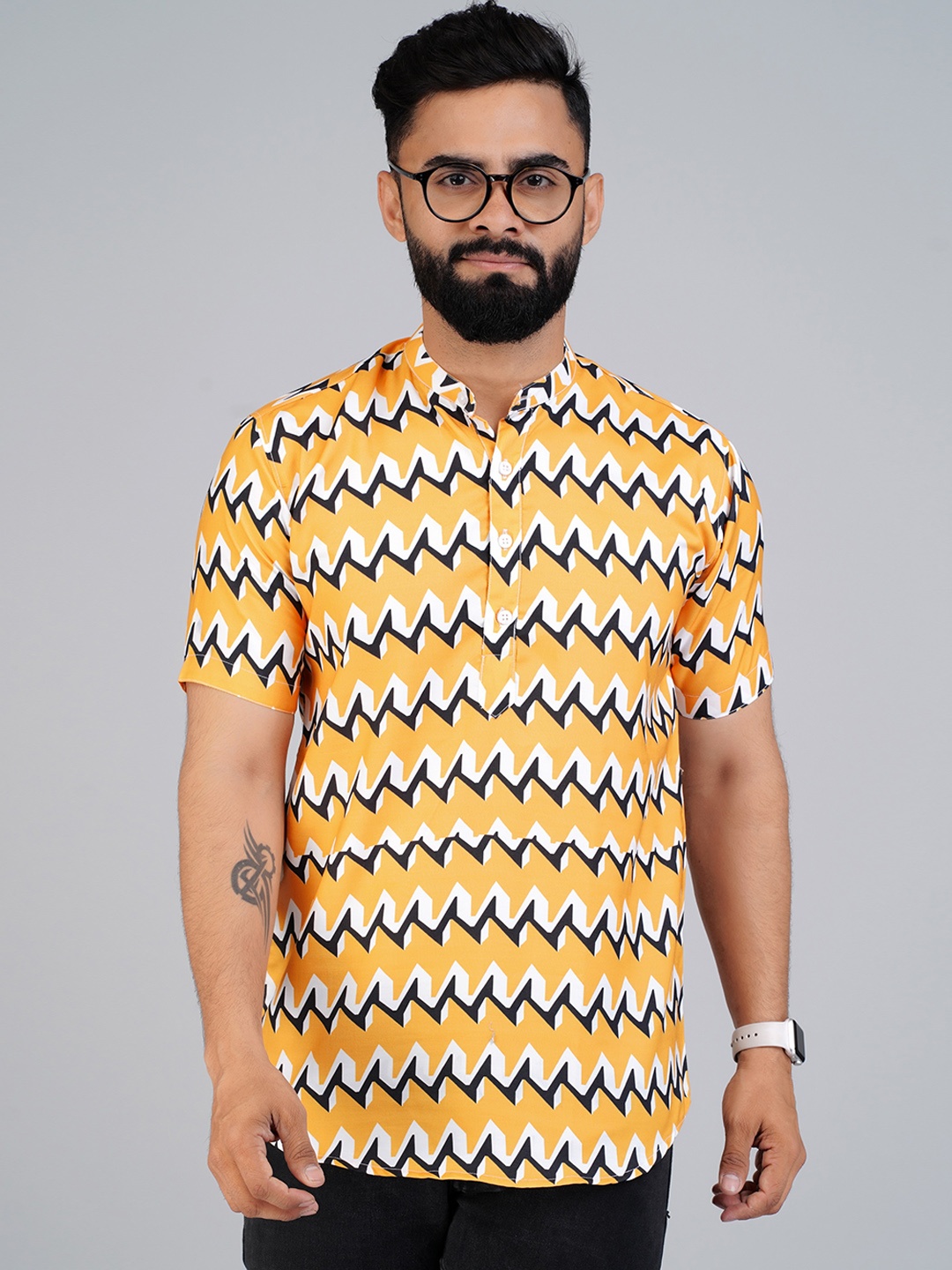 

Elepants Band Collar Half Placket Geometric Printed Casual Shirt, Yellow