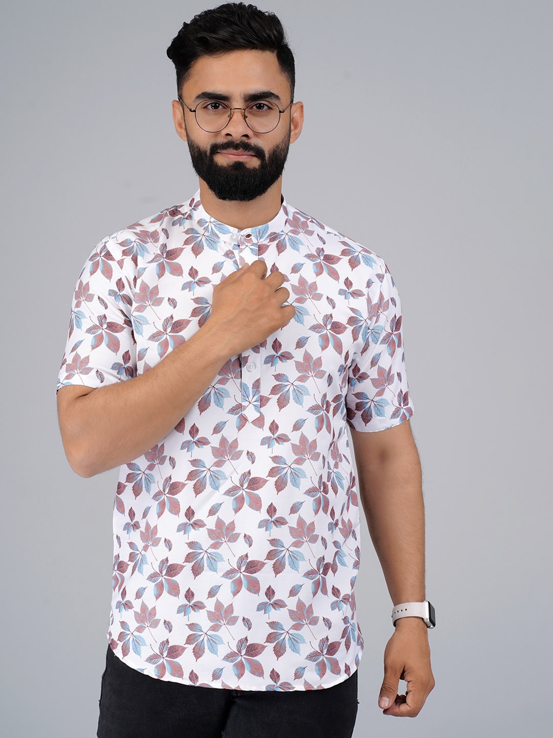 

Elepants Mandarin Collar Floral Printed Kurta, White