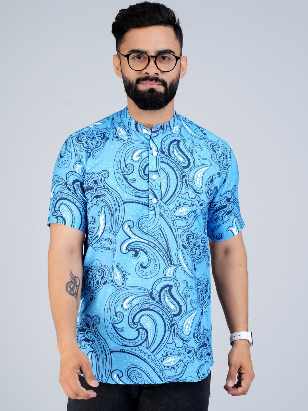 

Elepants Ethnic Motifs Printed Band Collar Half Placket Casual Shirt, Turquoise blue