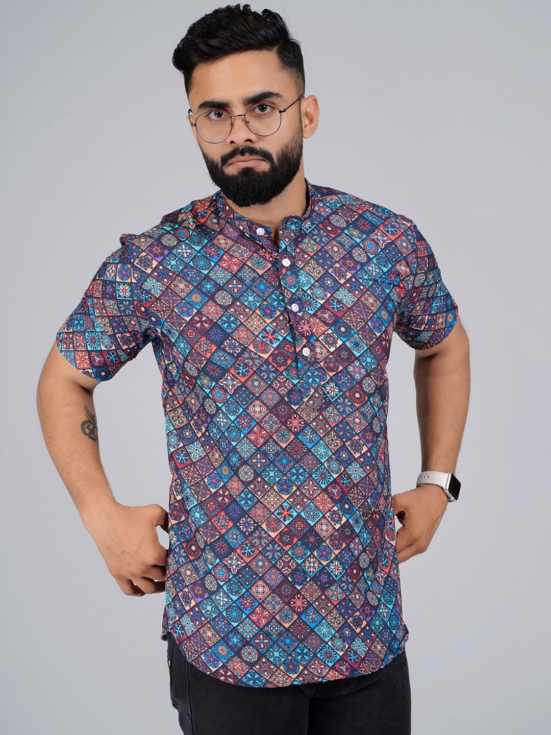 

Elepants Ethnic Motifs Printed Band Collar Shirt, Blue