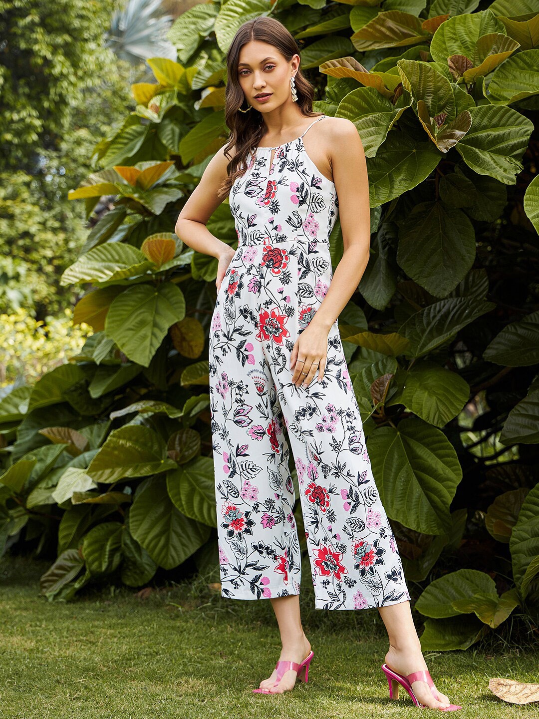 

KASSUALLY White Printed Shoulder Straps Basic Jumpsuit