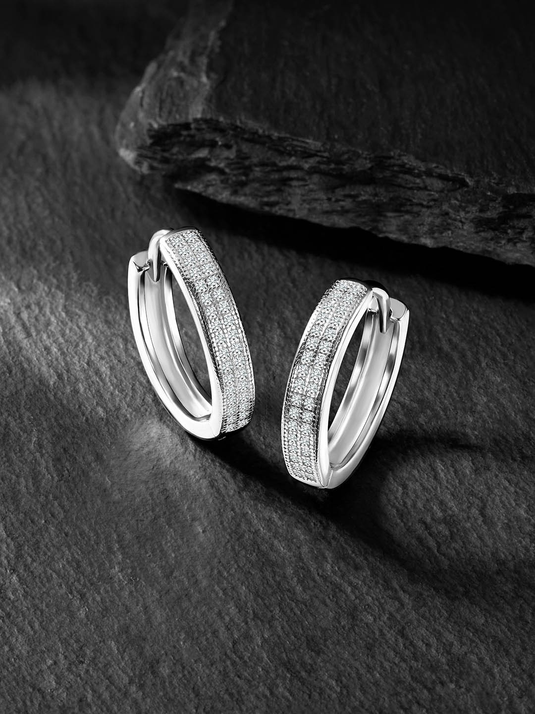 

Silvora by Peora Rhodium Plated Contemporary Hoop Earrings, Silver