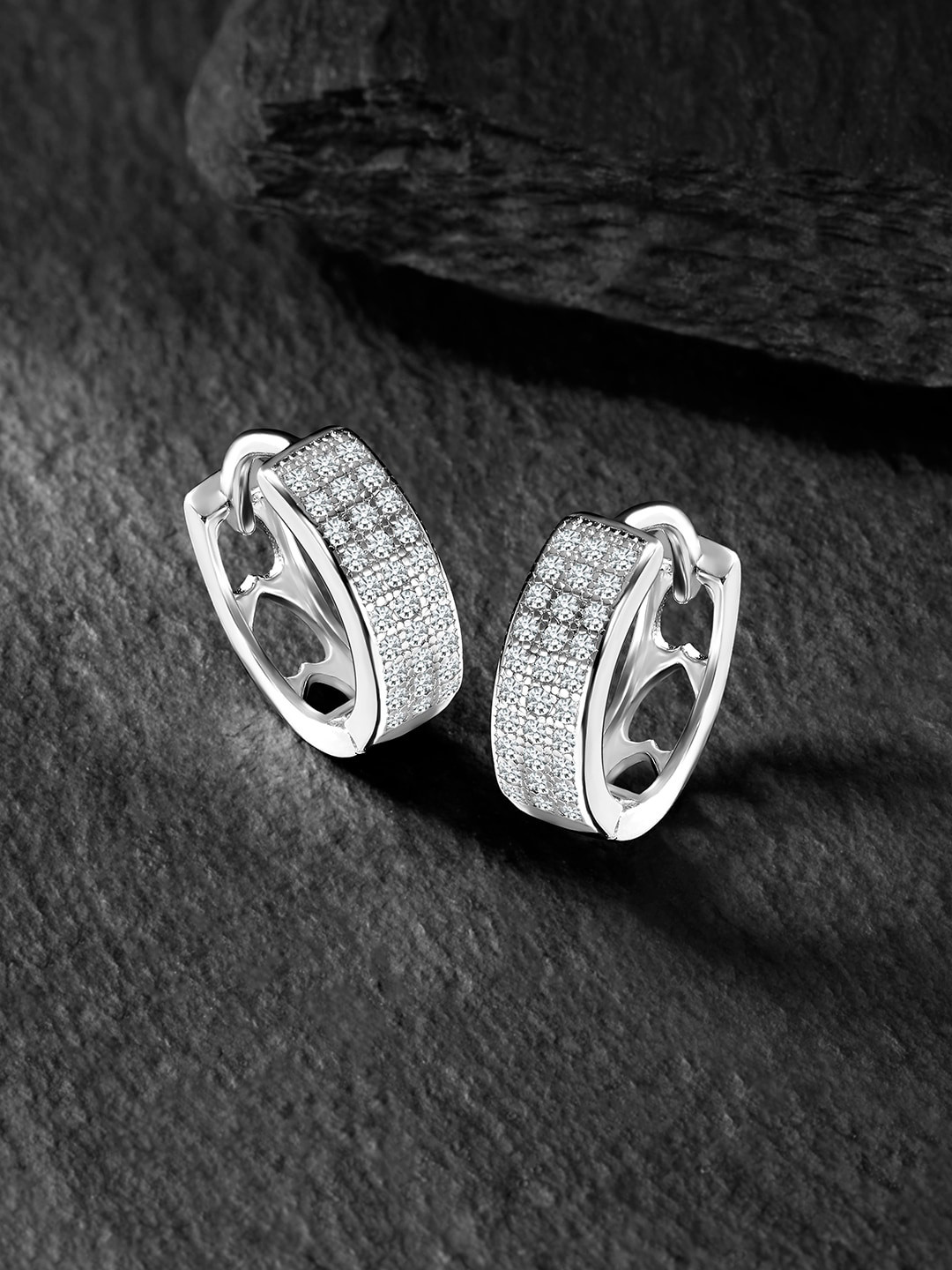 

Silvora by Peora Rhodium Plated Contemporary Hoop Earrings, Silver