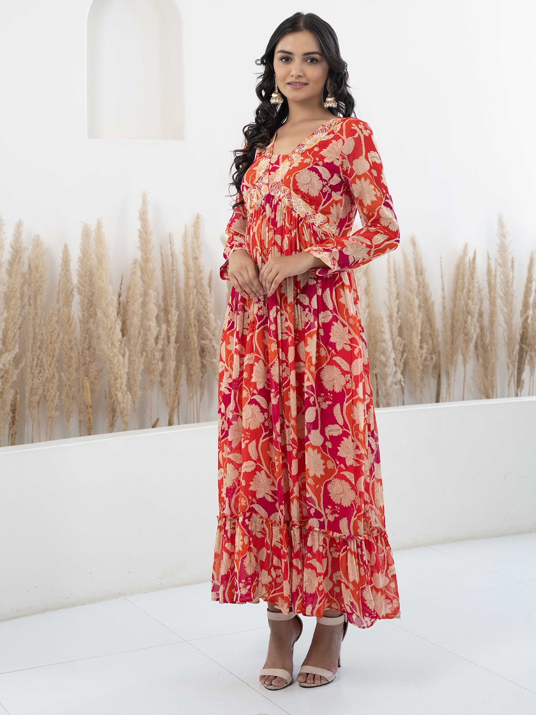 

Myshka Floral Printed Georgette Fit And Flare Maxi Ethnic Dress, Red