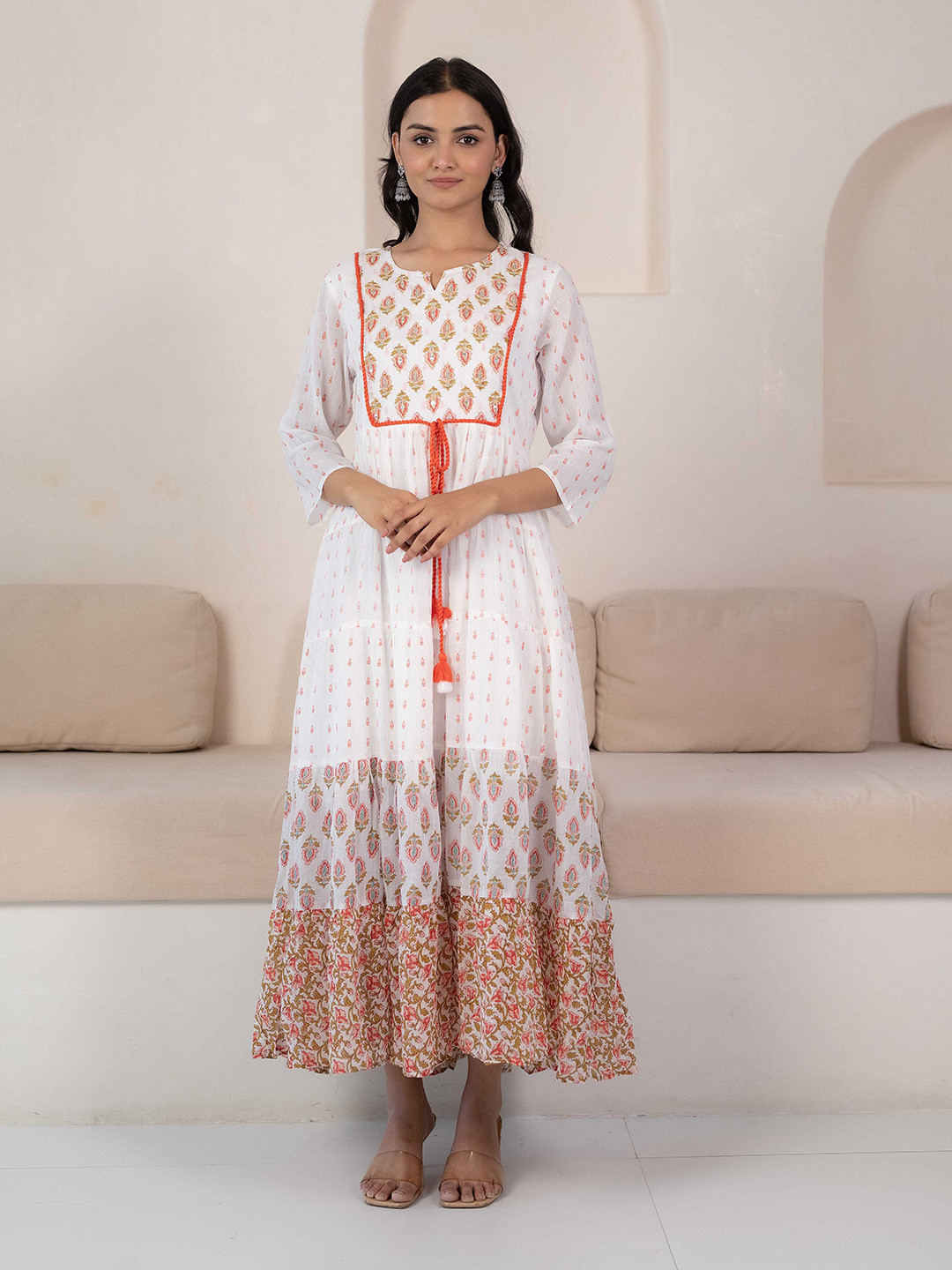 

Myshka Floral Printed Cotton Fit And Flare Maxi Ethnic Dress, White