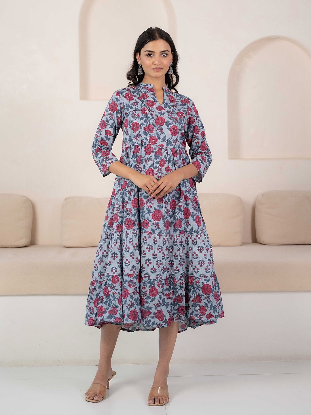 

Myshka Floral Printed Cotton Fit And Flare Dress, Blue