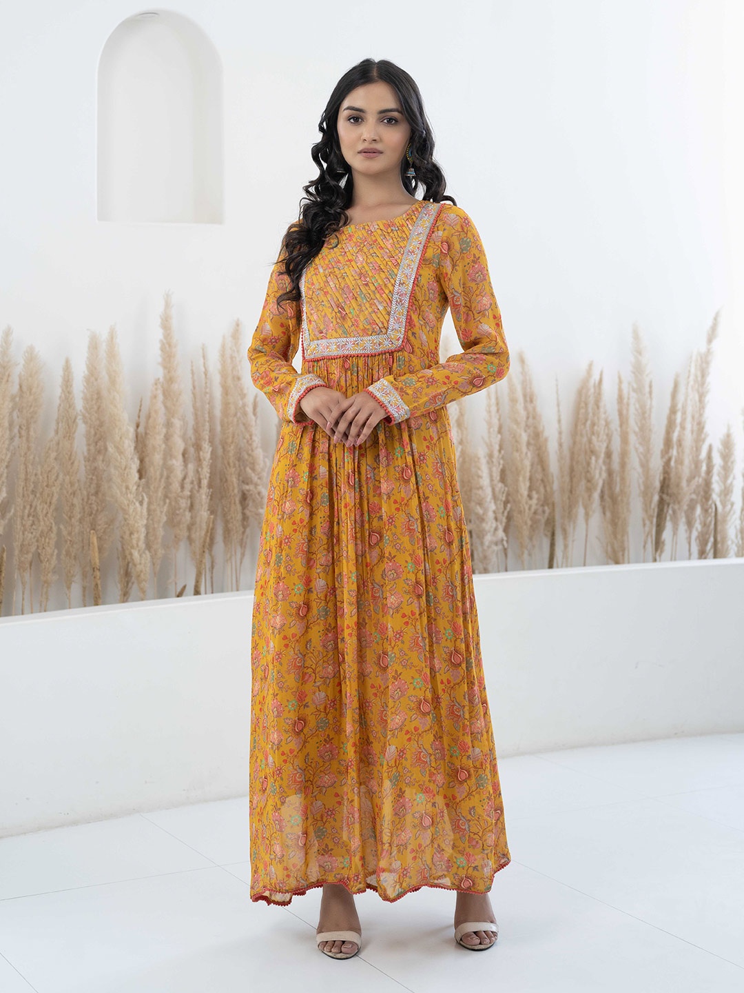 

Myshka Floral Printed Georgette Fit And Flare Maxi Ethnic Dress, Mustard