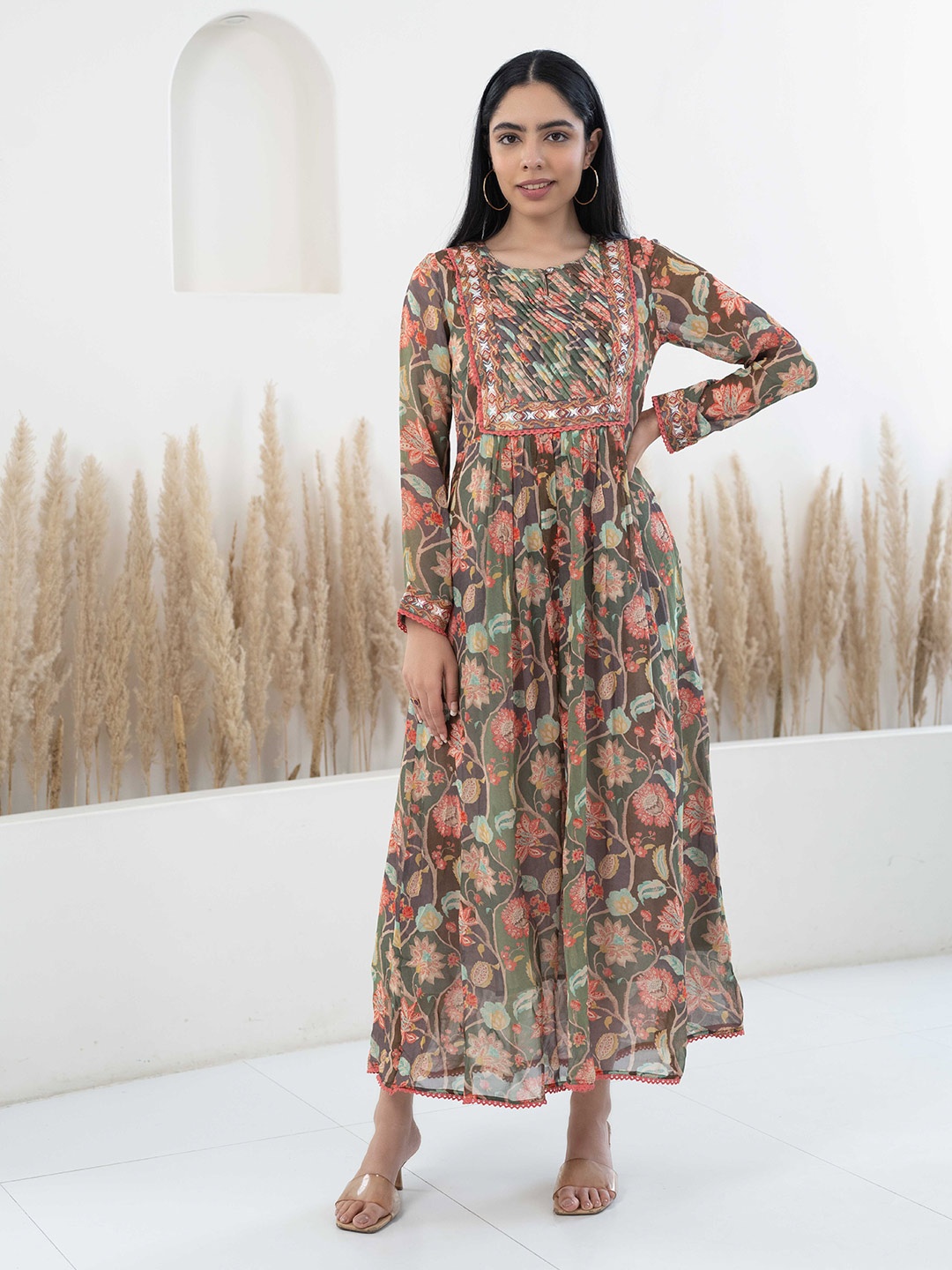 

Myshka Floral Print Georgette A-Line Maxi Dress, Green