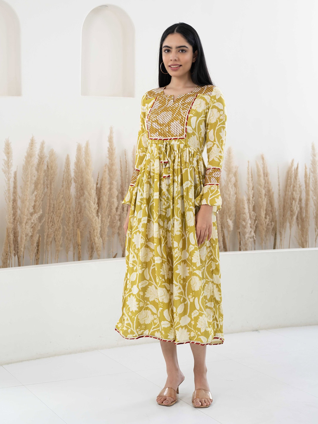 

Myshka Floral Printed Fit and Flare Midi Dress, Mustard