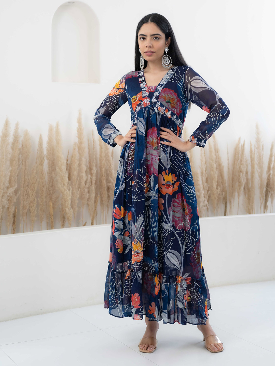 

Myshka V-Neck Floral Print Georgette Maxi Dress, Navy blue