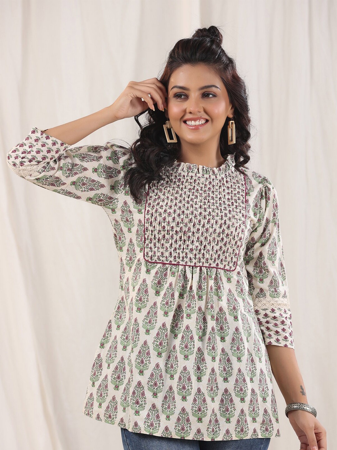 

Rain & Rainbow Ethnic Motifs Yoke Design Thread Work Pure Cotton Kurti, Off white