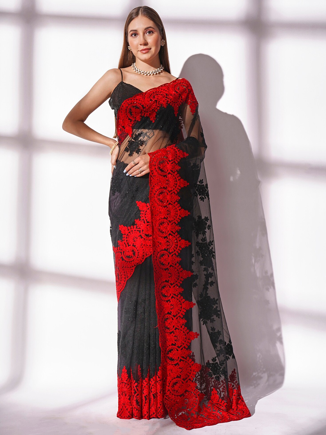 

Kalista Black & Red Floral Embroidered Pure Georgette Saree