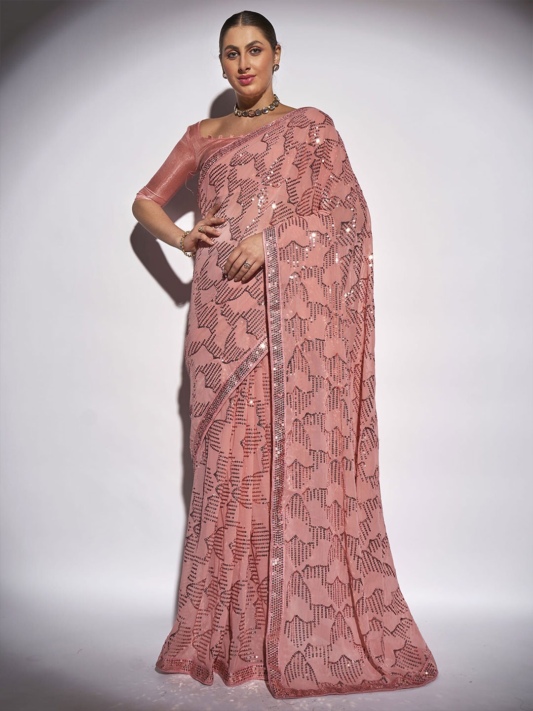 

Kalista Peach-Coloured & Gold-Toned Embellished Sequinned Pure Georgette Saree