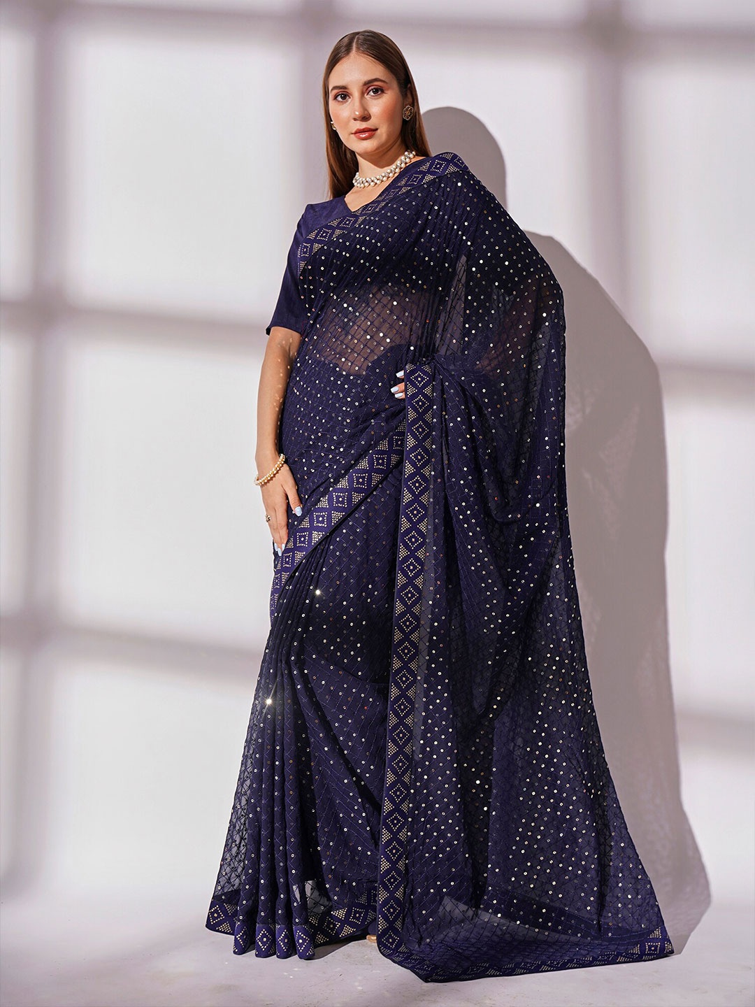 

Kalista Blue & Gold-Toned Embellished Sequinned Pure Georgette Saree, Navy blue