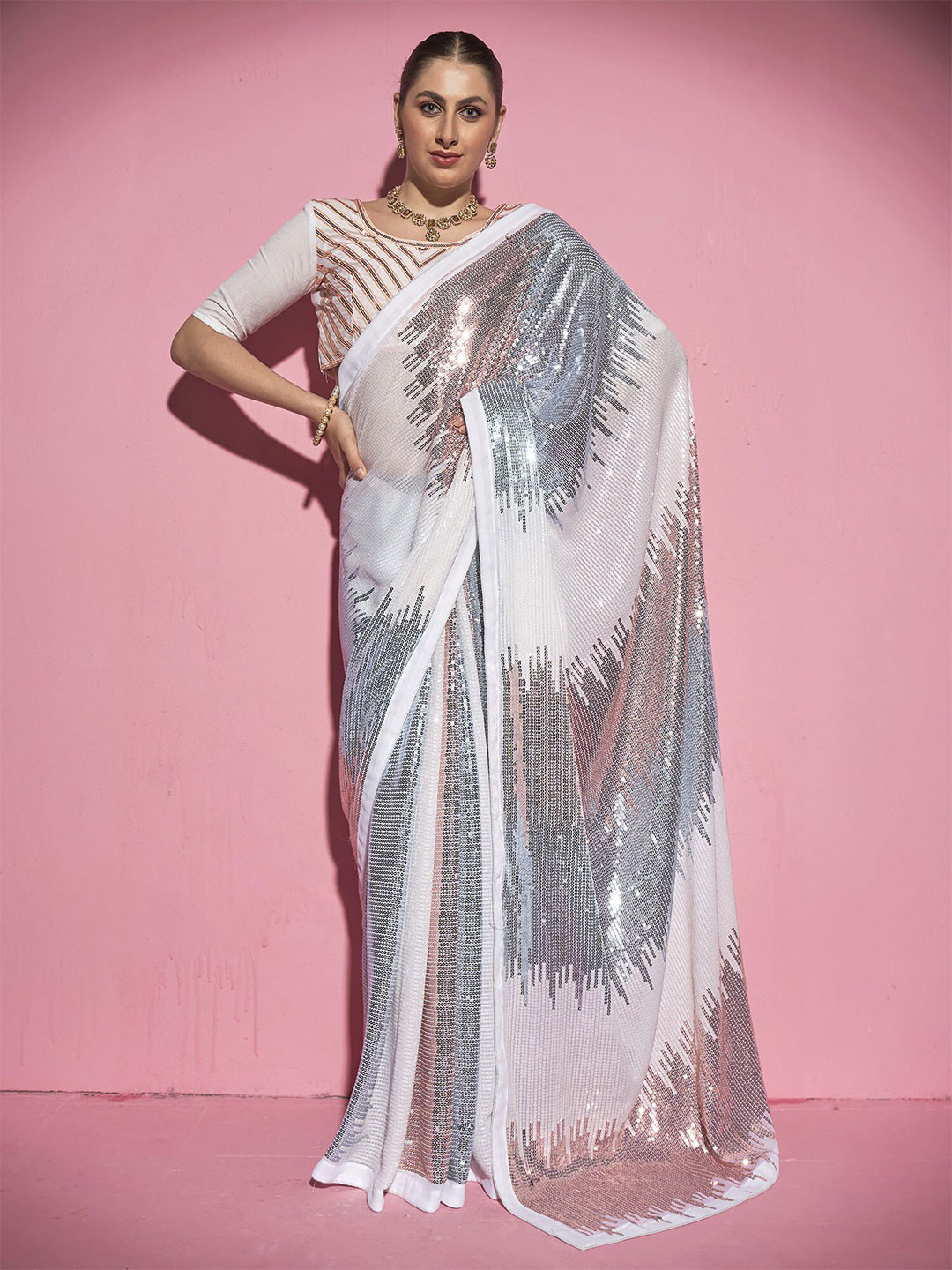

Kalista White & Silver-Toned Embellished Sequinned Pure Georgette Saree