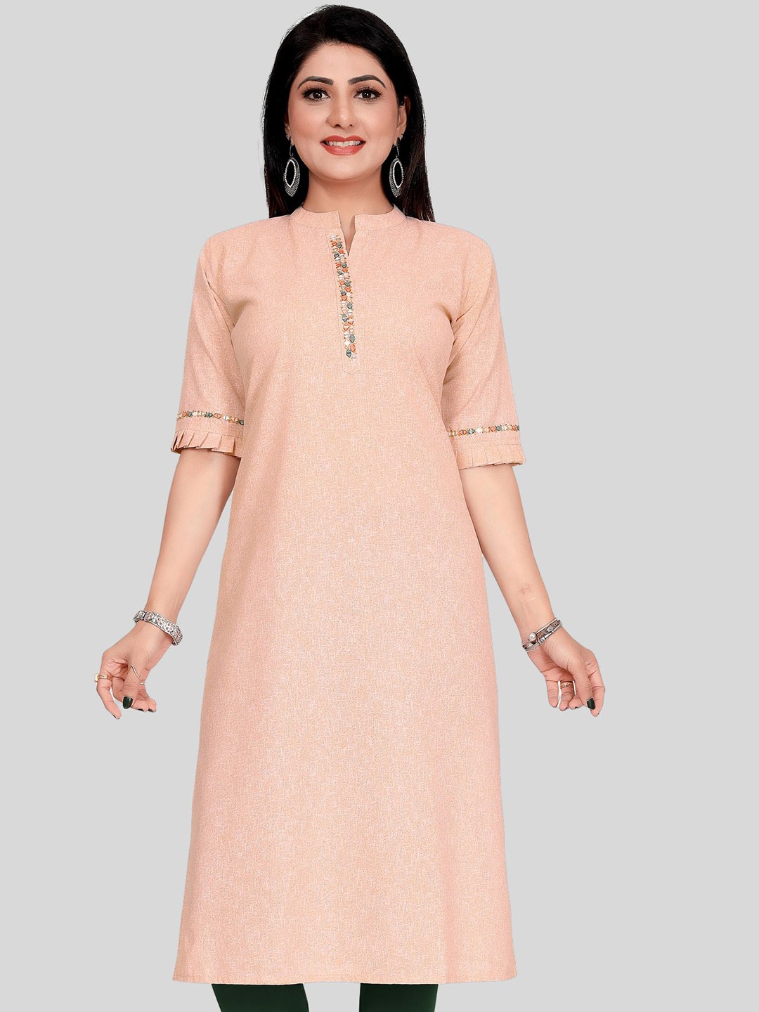 

Ayukti Mandarin Collar Mirror Work Cotton Kurta, Peach