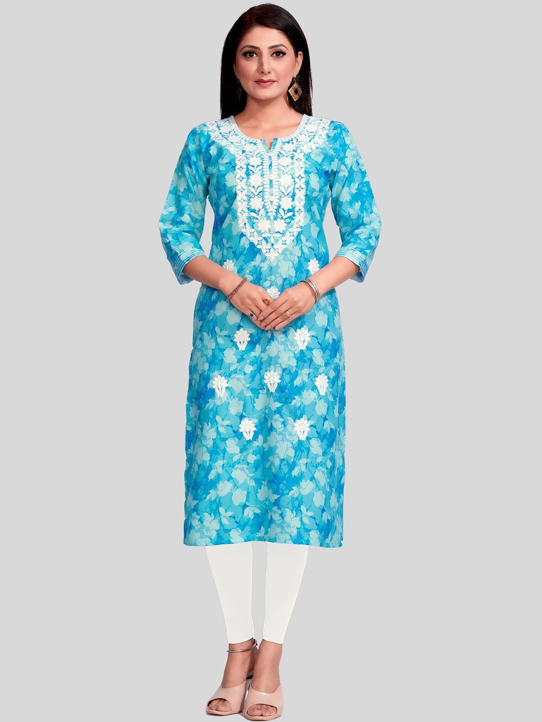 

Ayukti Floral Printed Thread Work Straight Cotton Kurta, Turquoise blue