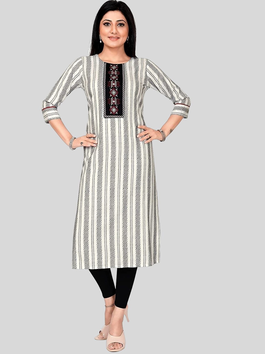 

Ayukti Striped Thread Work Cotton Kurta, White