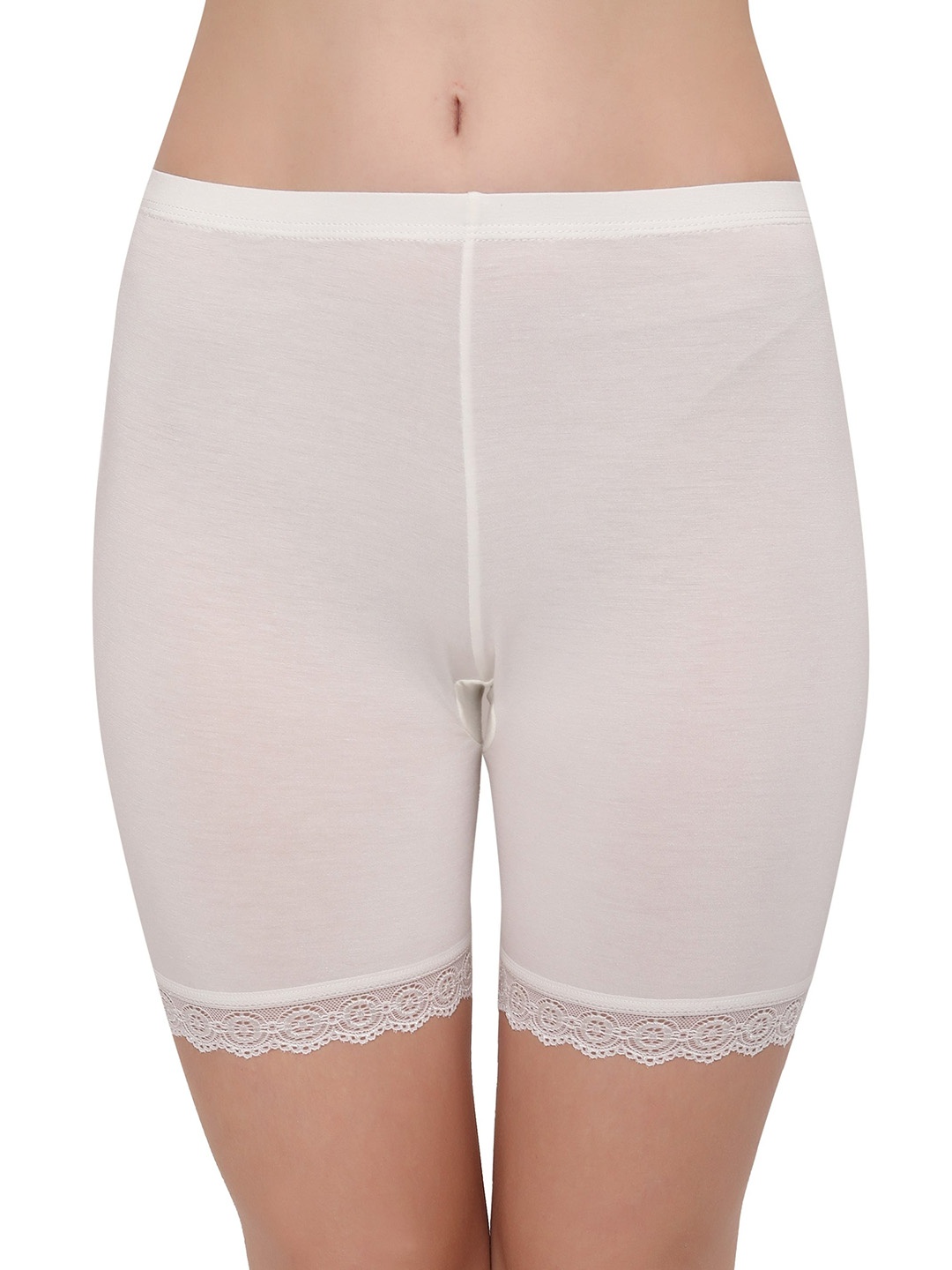 

PLUMBURY Women Mid-Rise Lace Edge Shorts, White