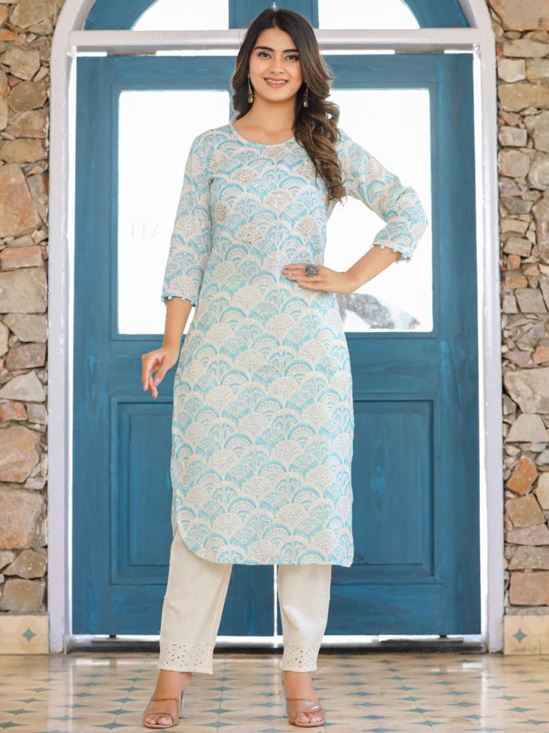 

ZARI Ethnic Motifs Printed Sequinned Kurta With Trousers, Blue
