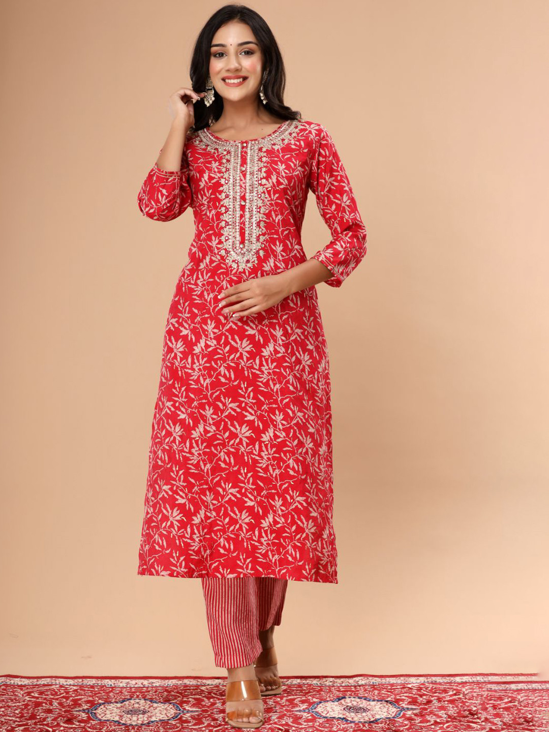 

ZARI Red Ethnic Motifs Printed Regular Kurta with Palazzos & With Dupatta