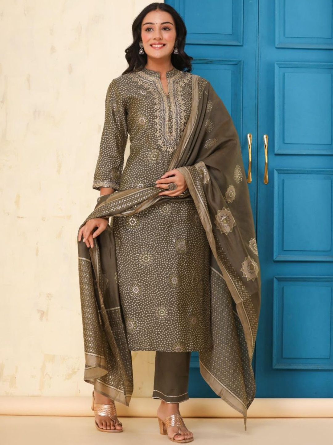 

ZARI Ethnic Motifs Printed Sequined Kurta with Palazzos & Dupatta, Green