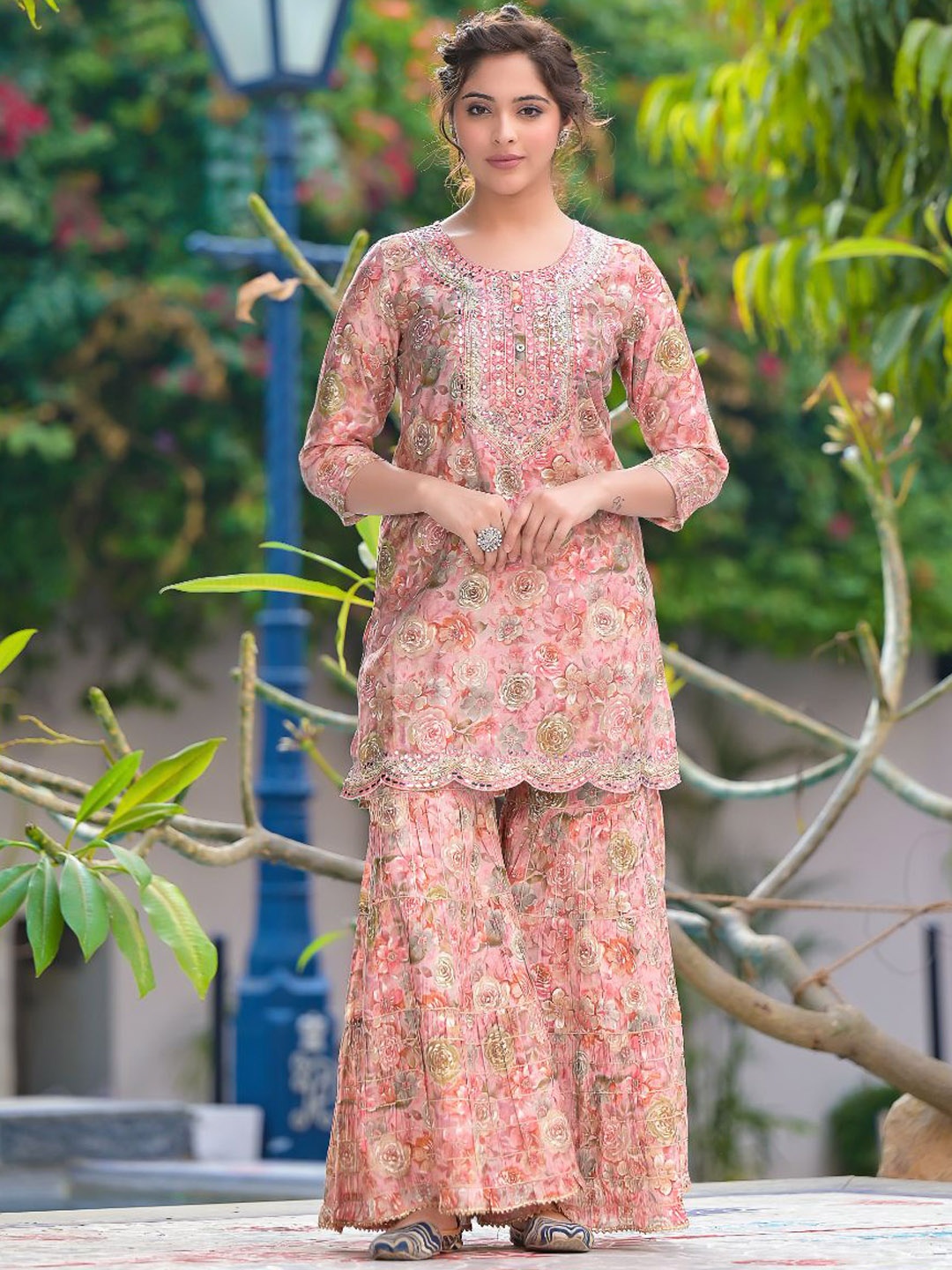 

ZARI Floral Printed Thread & Mirror Work Kurti with Sharara & Dupatta, Pink